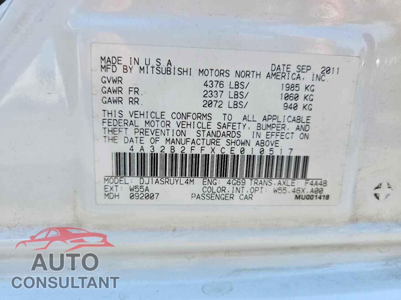 MITSUBISHI GALANT 2012 - 4A32B2FFXCE010517
