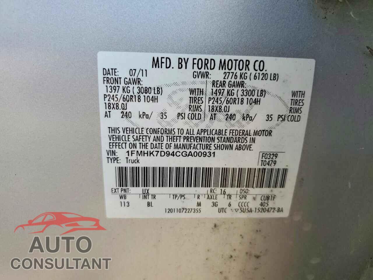 FORD EXPLORER 2012 - 1FMHK7D94CGA00931