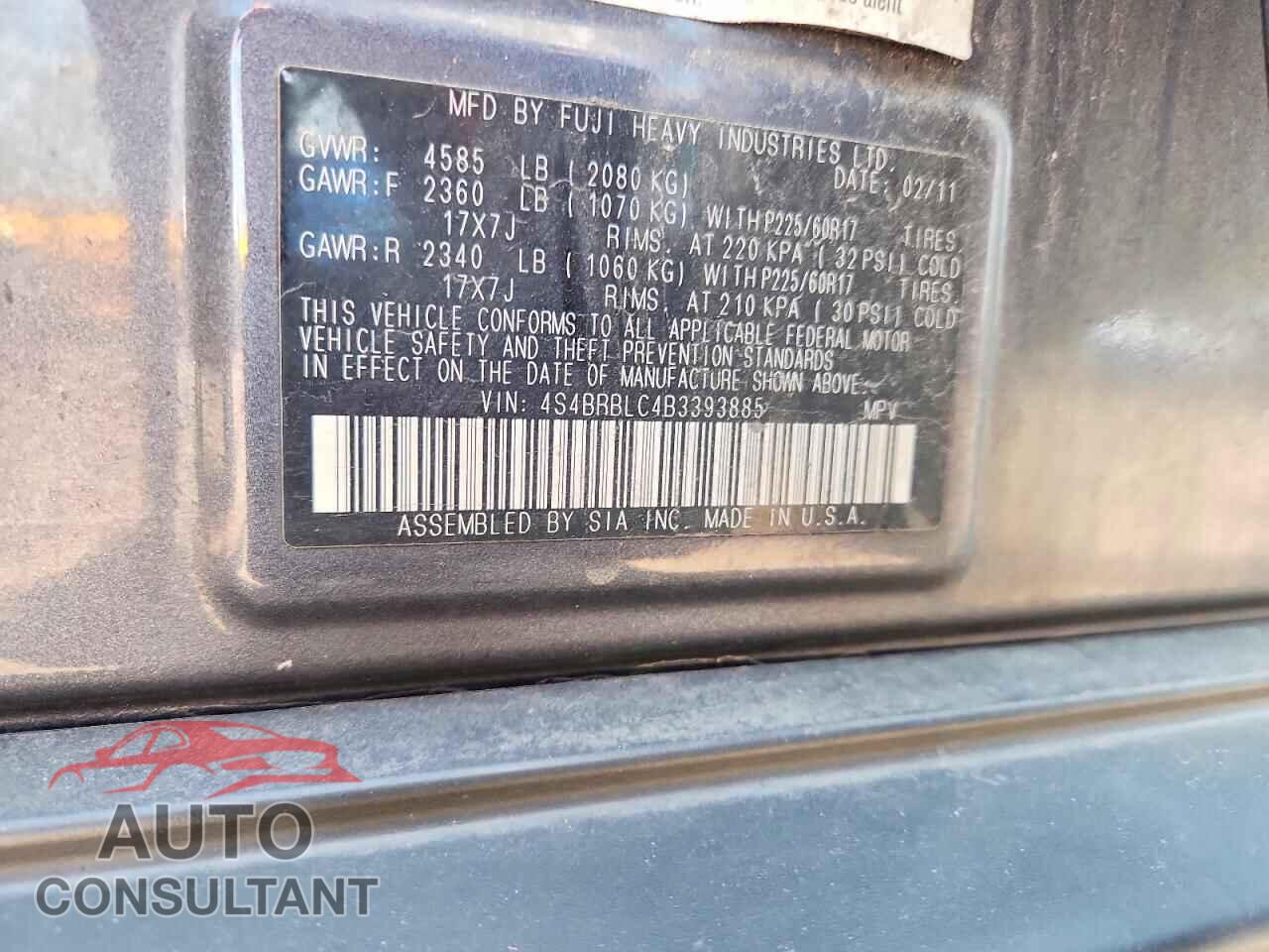 SUBARU OUTBACK 2011 - 4S4BRBLC4B3393885