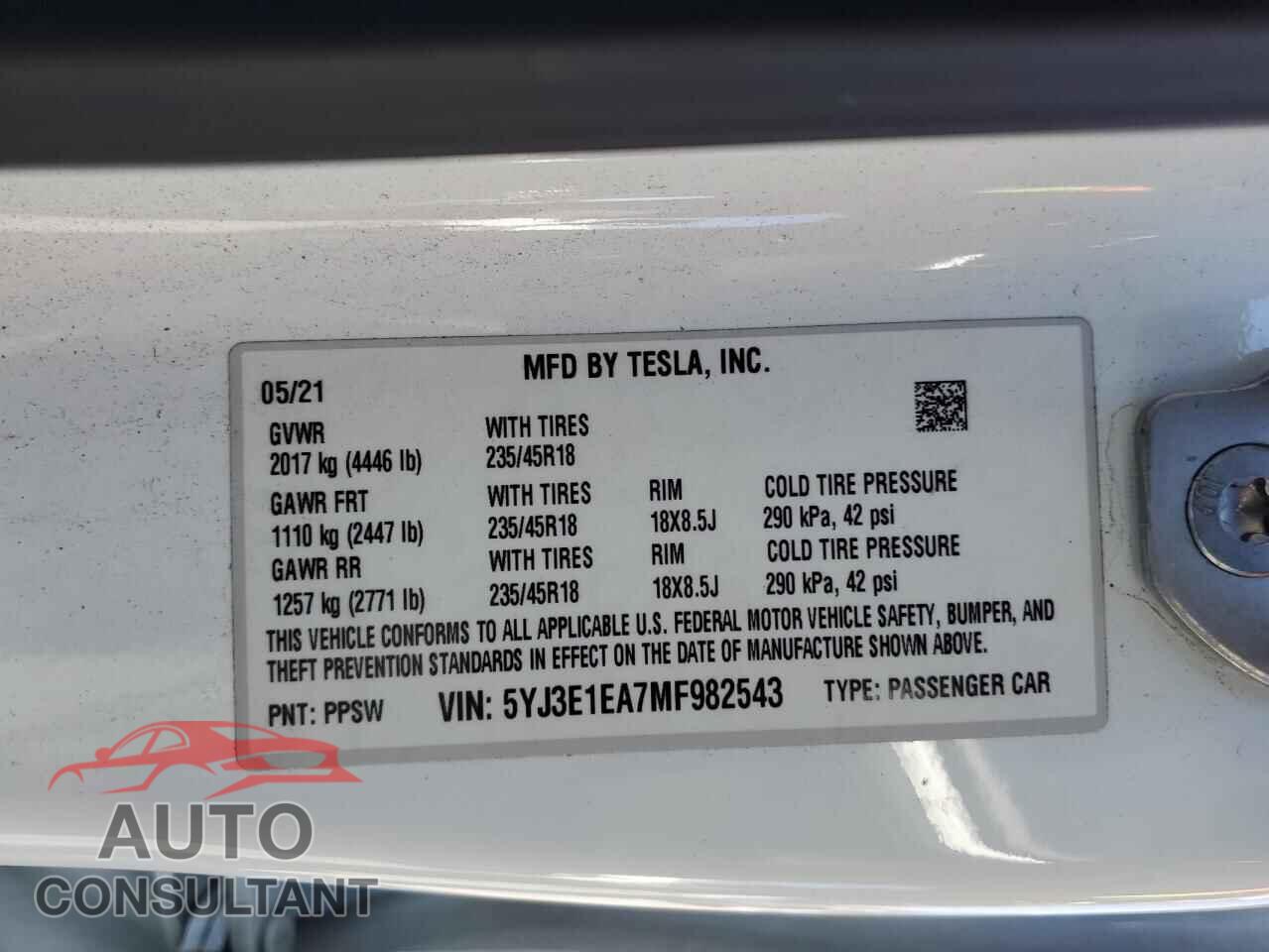 TESLA MODEL 3 2021 - 5YJ3E1EA7MF982543