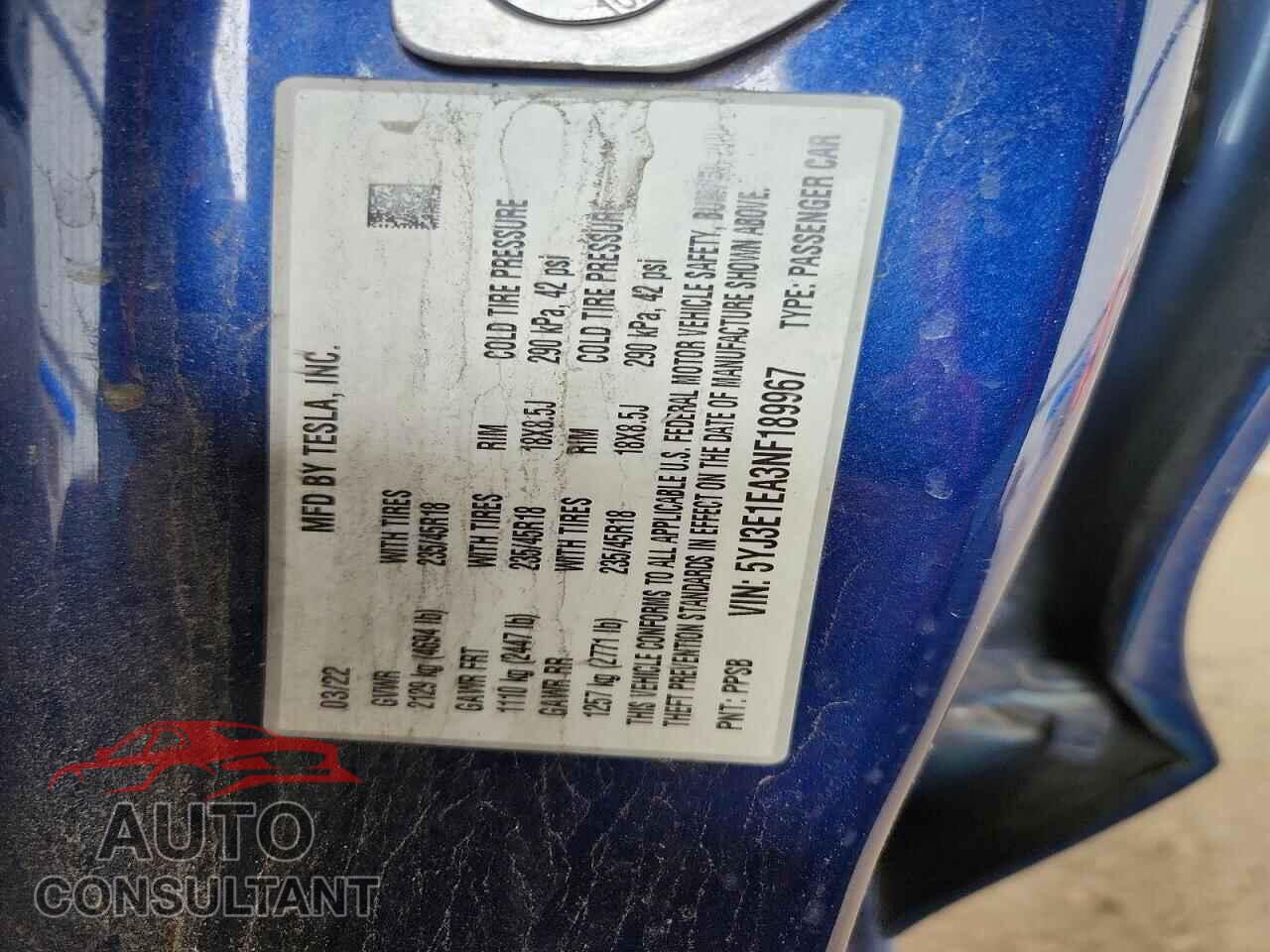 TESLA MODEL 3 2022 - 5YJ3E1EA3NF189967
