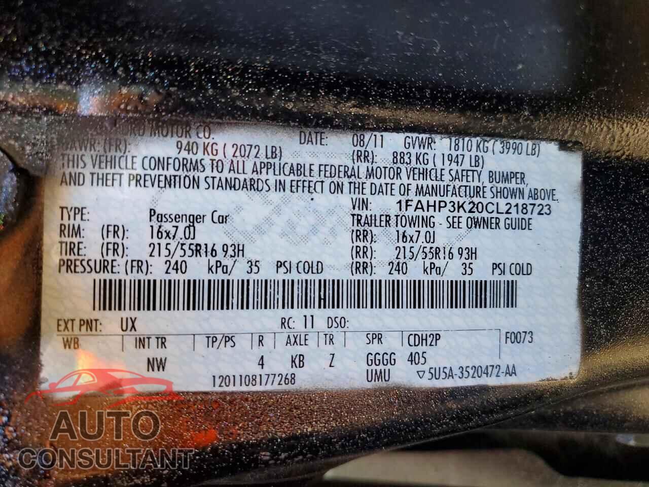 FORD FOCUS 2012 - 1FAHP3K20CL218723