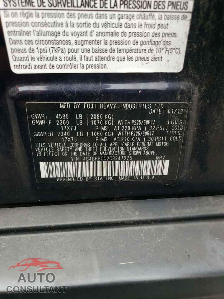 SUBARU OUTBACK 2012 - 4S4BRBCC2C3247275