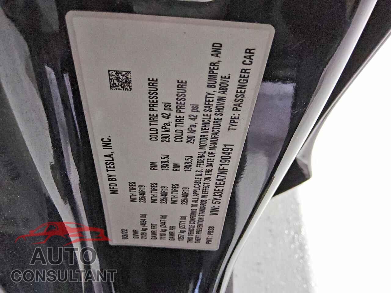 TESLA MODEL 3 2022 - 5YJ3E1EA7NF190491
