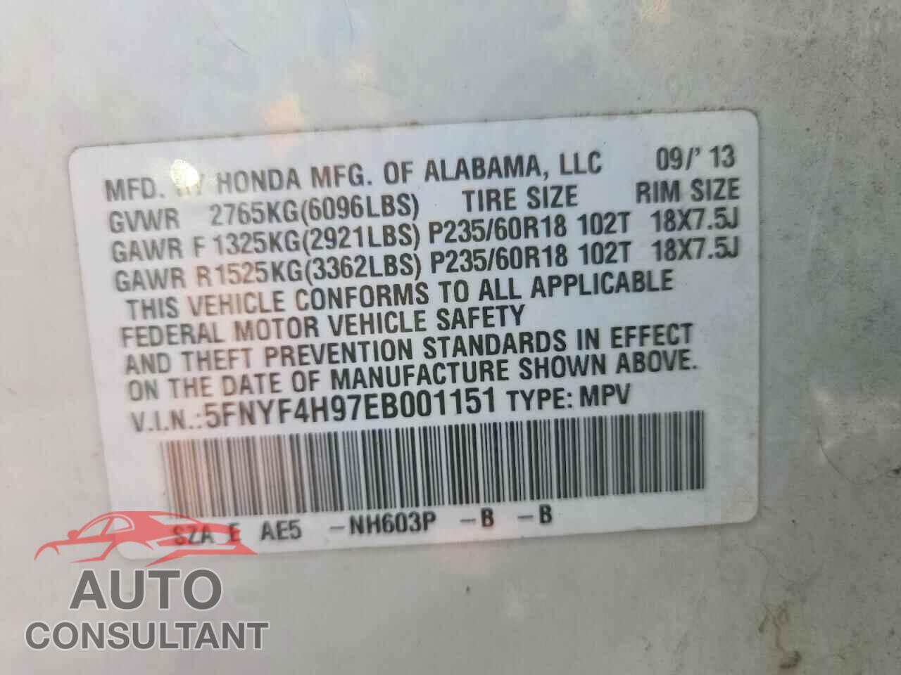 HONDA PILOT 2014 - 5FNYF4H97EB001151