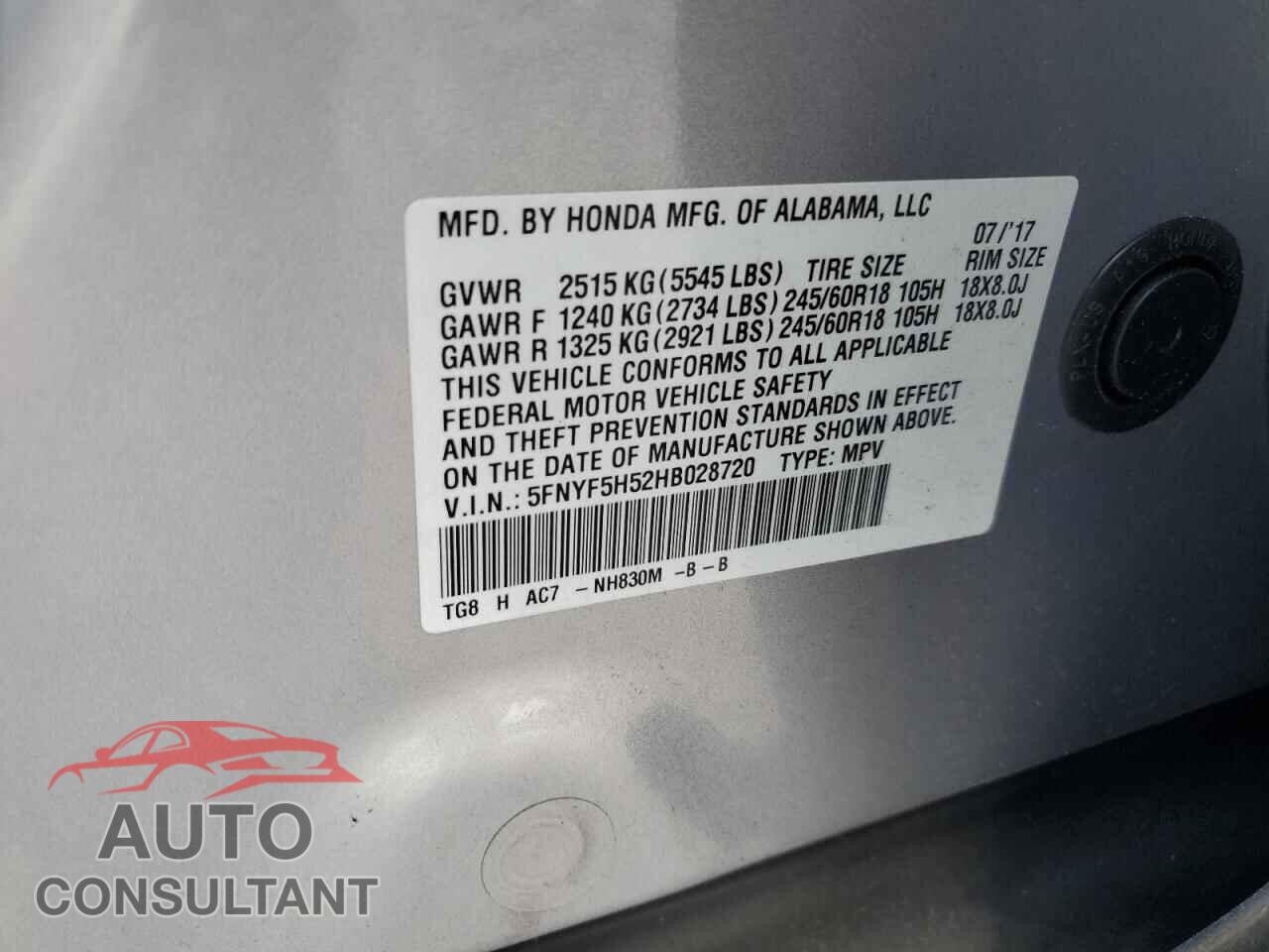 HONDA PILOT 2017 - 5FNYF5H52HB028720