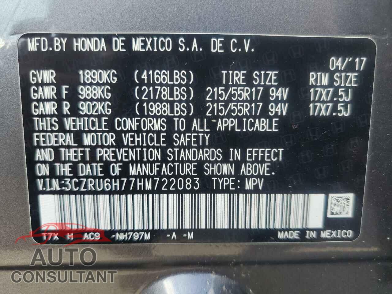 HONDA HR-V 2017 - 3CZRU6H77HM722083