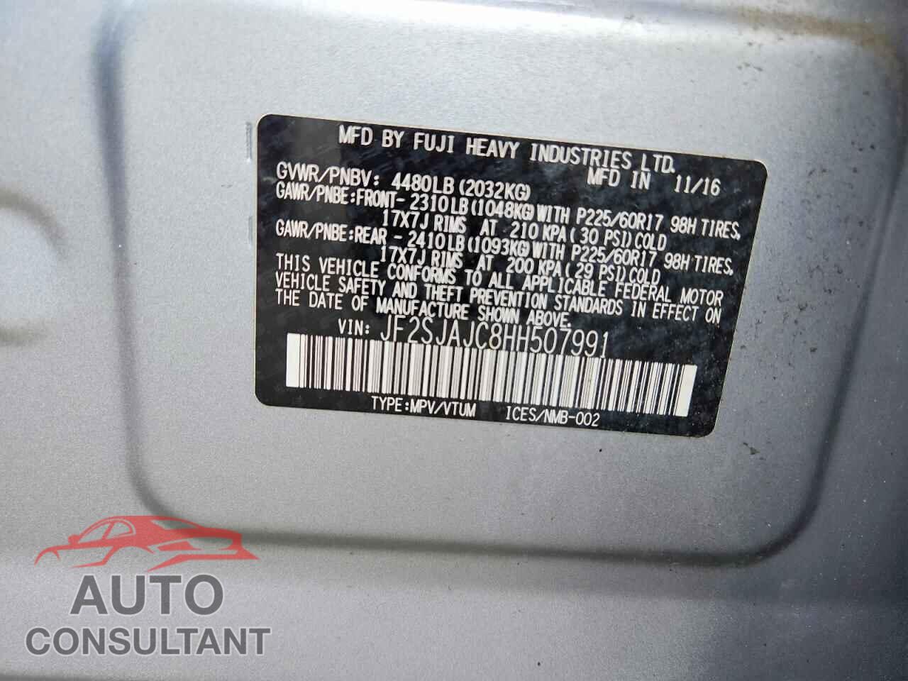SUBARU FORESTER 2017 - JF2SJAJC8HH507991