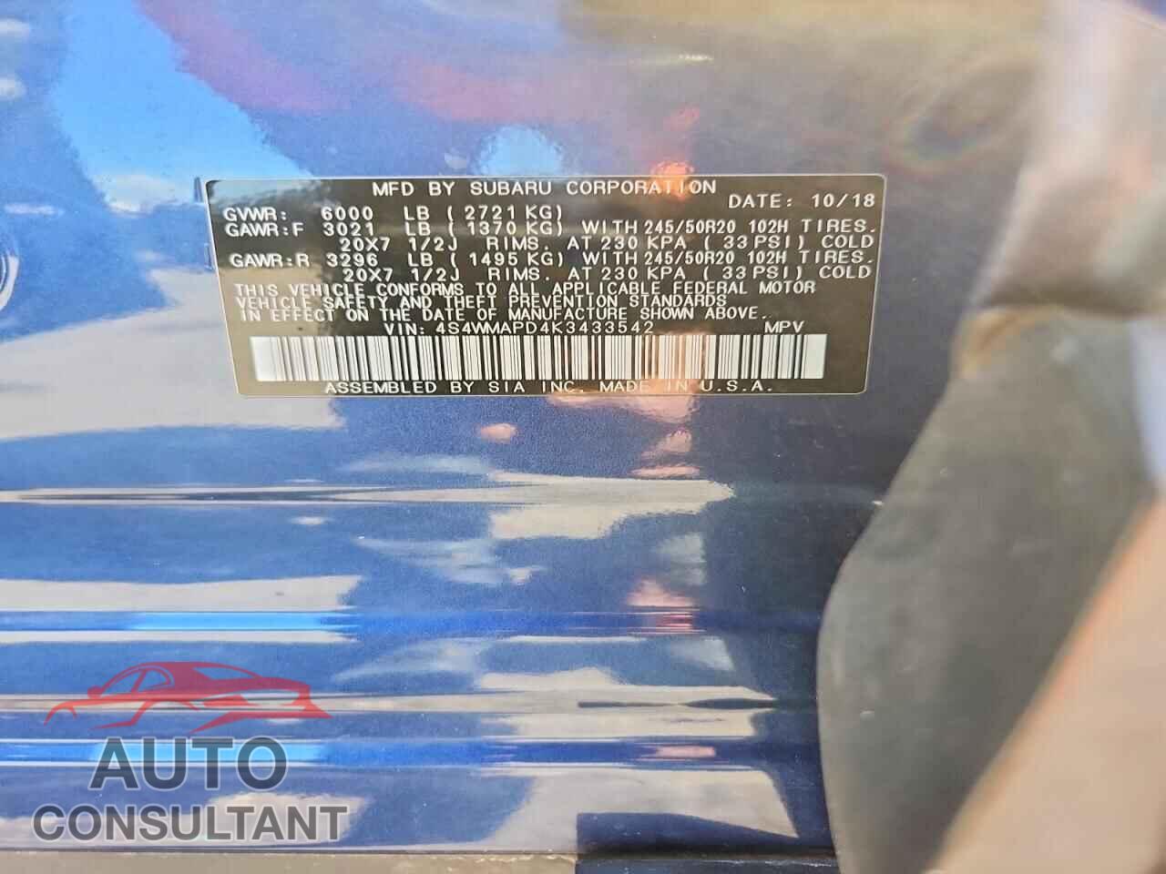 SUBARU ASCENT 2019 - 4S4WMAPD4K3433542