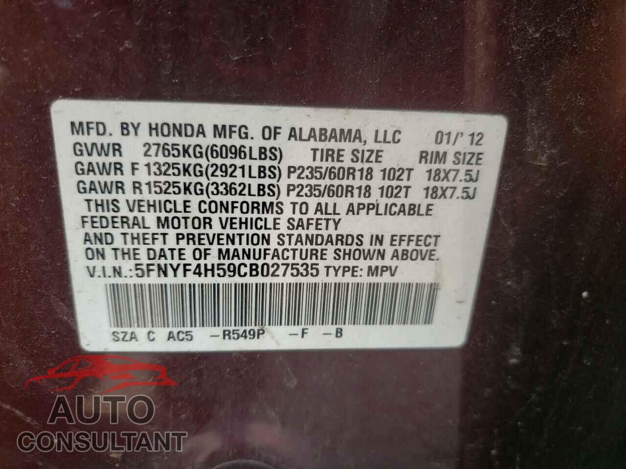 HONDA PILOT 2012 - 5FNYF4H59CB027535