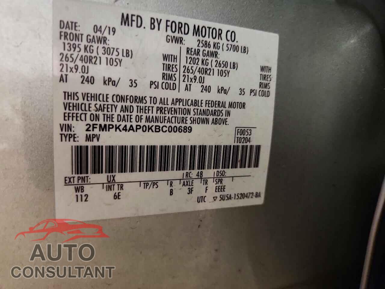 FORD EDGE 2019 - 2FMPK4AP0KBC00689