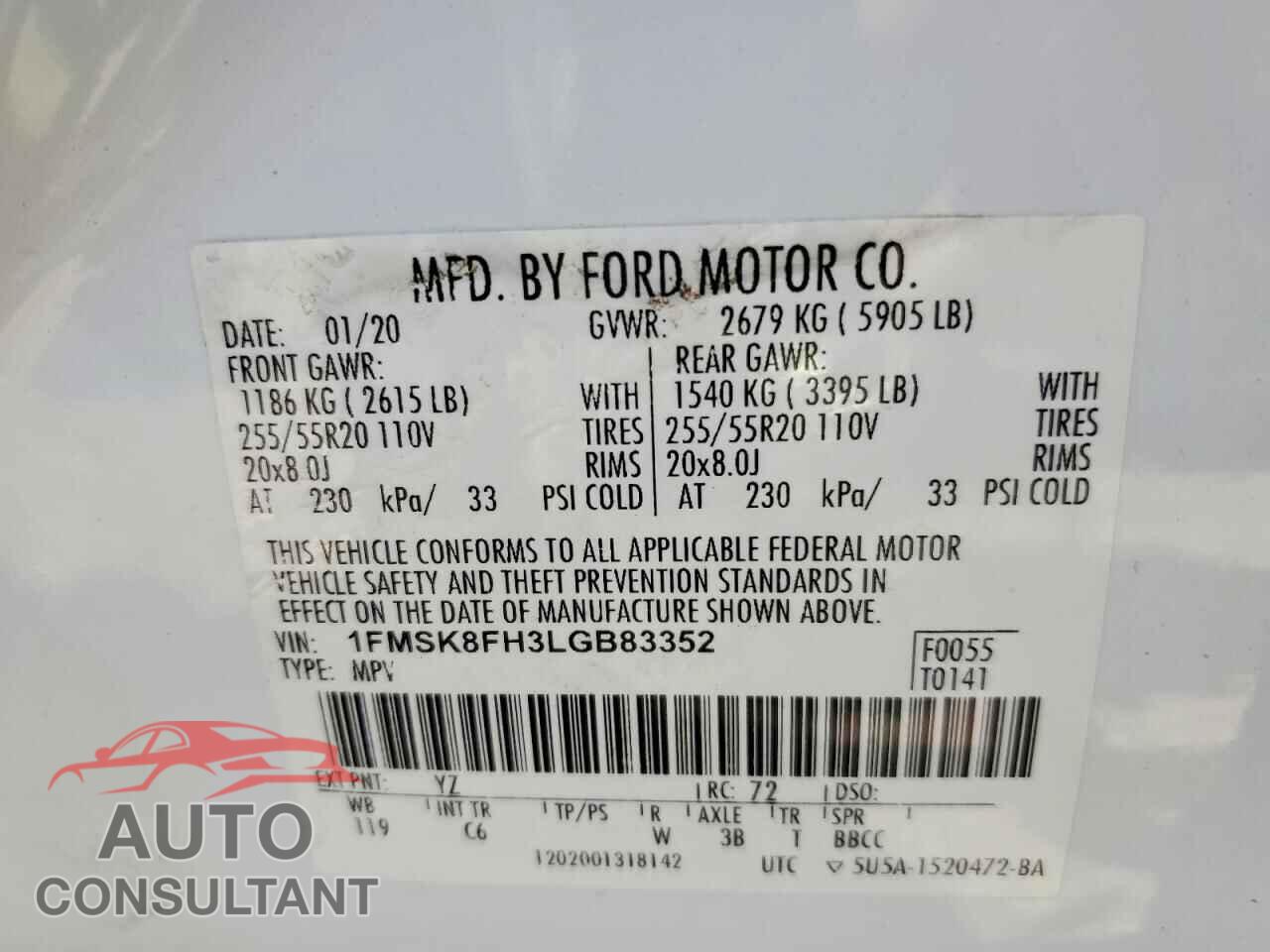 FORD EXPLORER 2020 - 1FMSK8FH3LGB83352