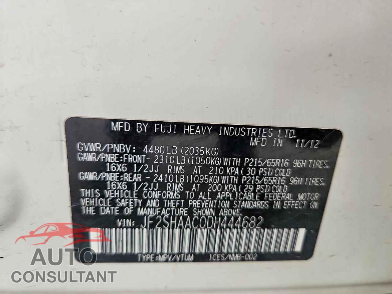 SUBARU FORESTER 2013 - JF2SHAAC0DH444682