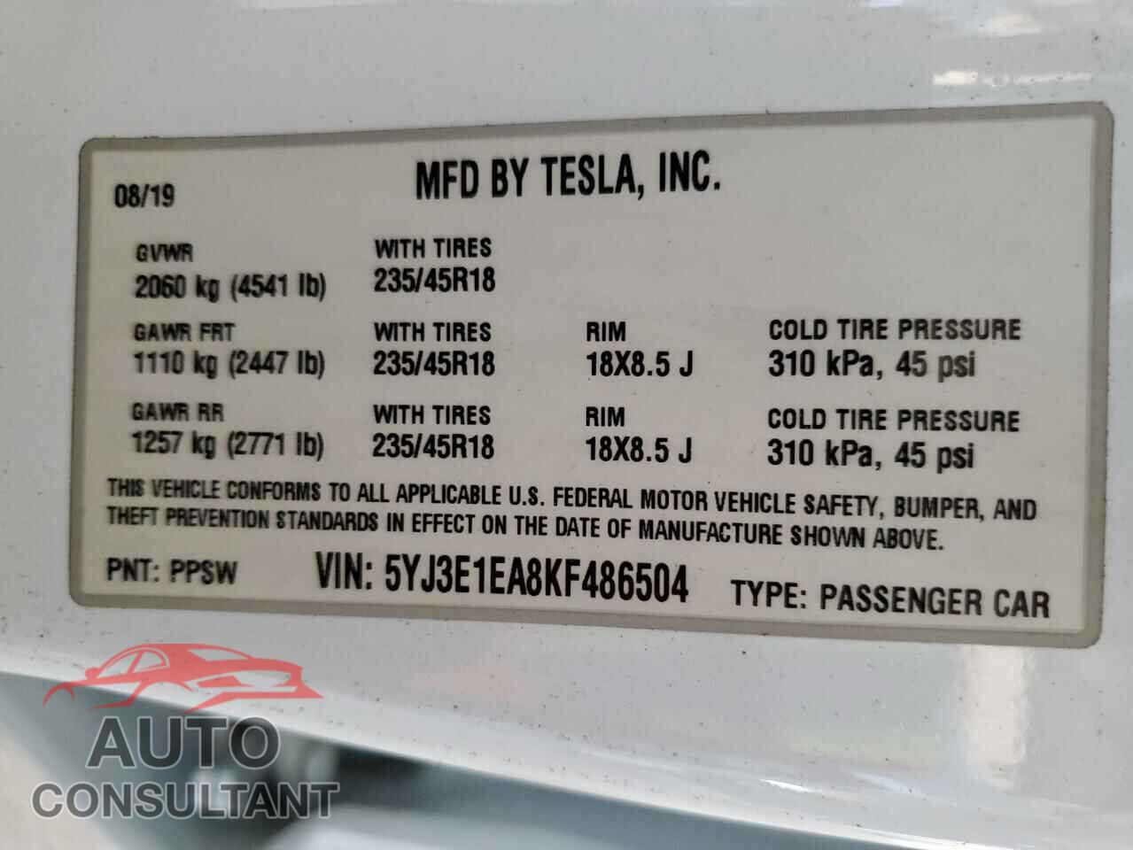 TESLA MODEL 3 2019 - 5YJ3E1EA8KF486504