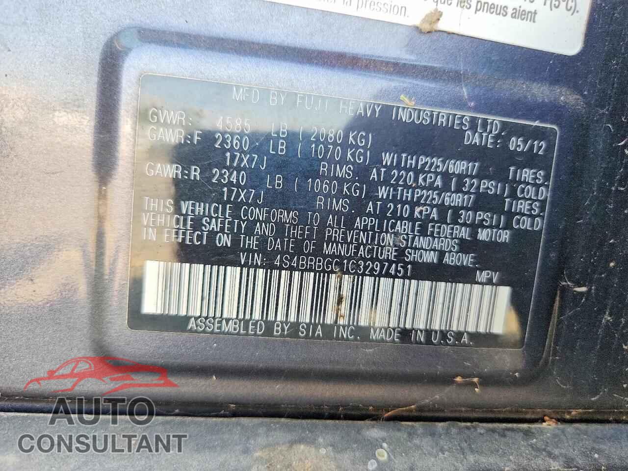 SUBARU OUTBACK 2012 - 4S4BRBGC1C3297451