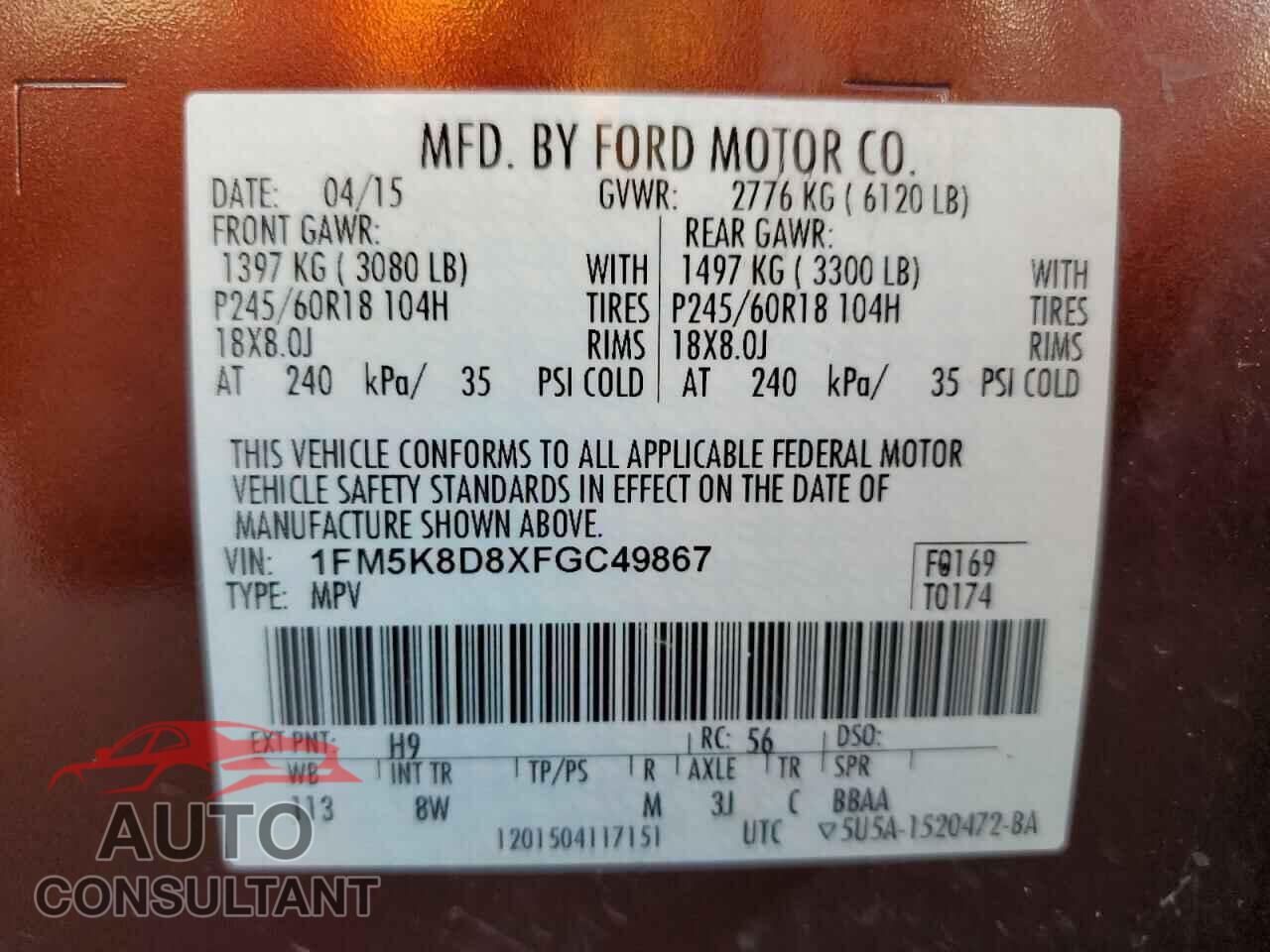 FORD EXPLORER 2015 - 1FM5K8D8XFGC49867