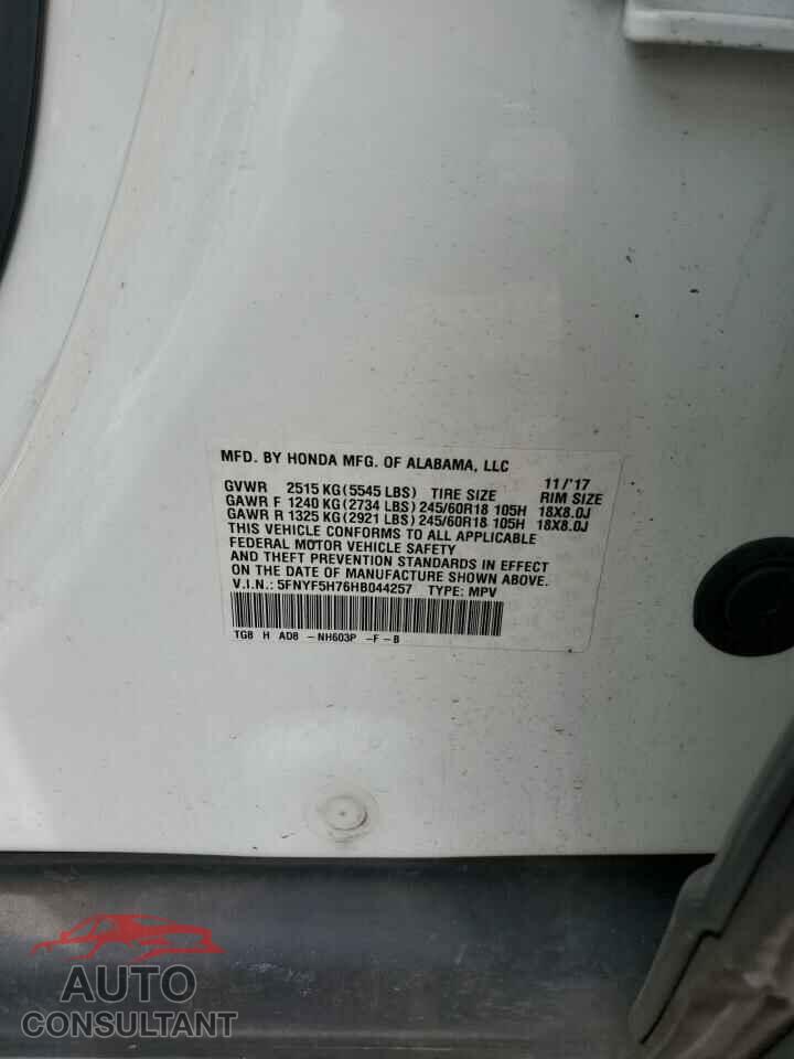 HONDA PILOT 2017 - 5FNYF5H76HB044257