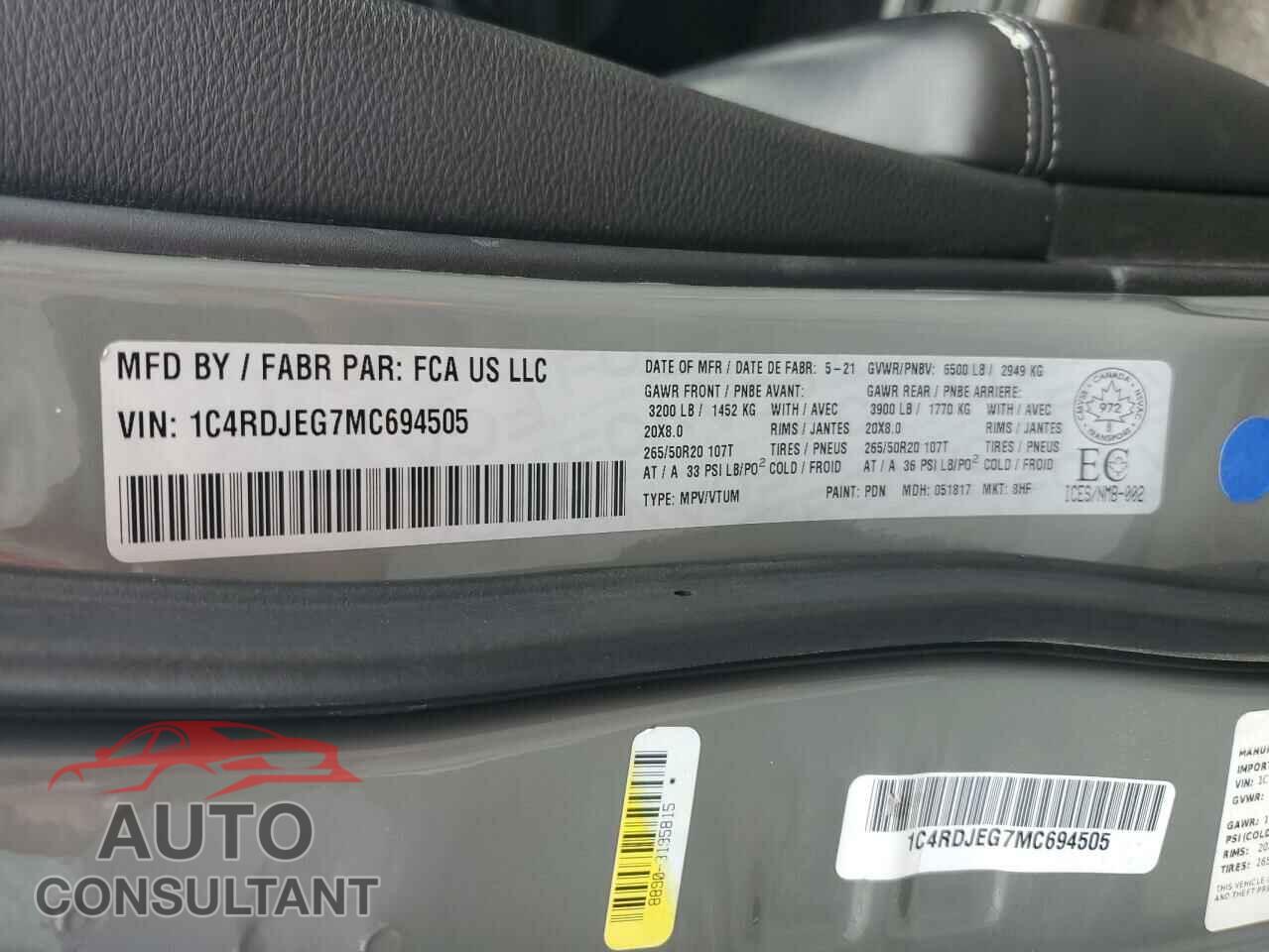 DODGE DURANGO 2021 - 1C4RDJEG7MC694505