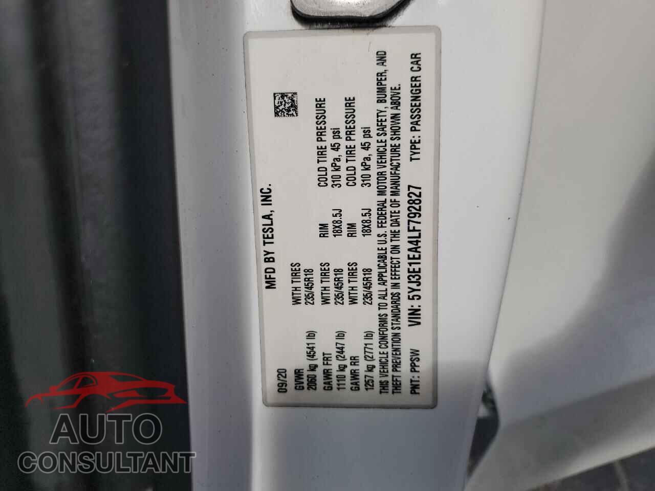 TESLA MODEL 3 2020 - 5YJ3E1EA4LF792827