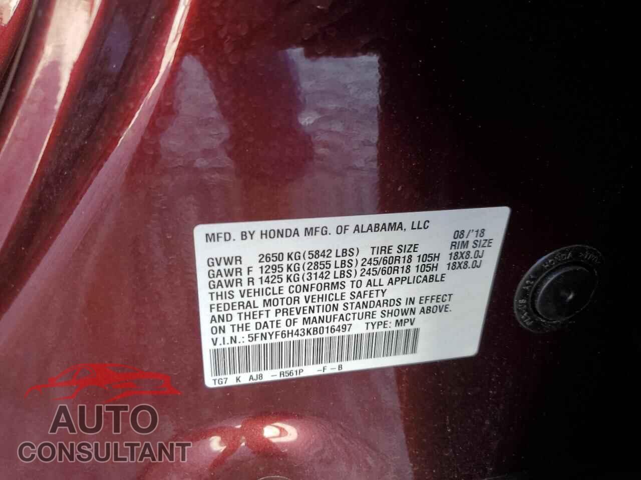 HONDA PILOT 2019 - 5FNYF6H43KB016497