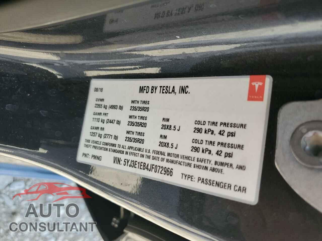 TESLA MODEL 3 2018 - 5YJ3E1EB4JF072966