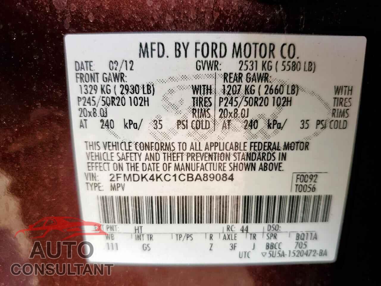 FORD EDGE 2012 - 2FMDK4KC1CBA89084