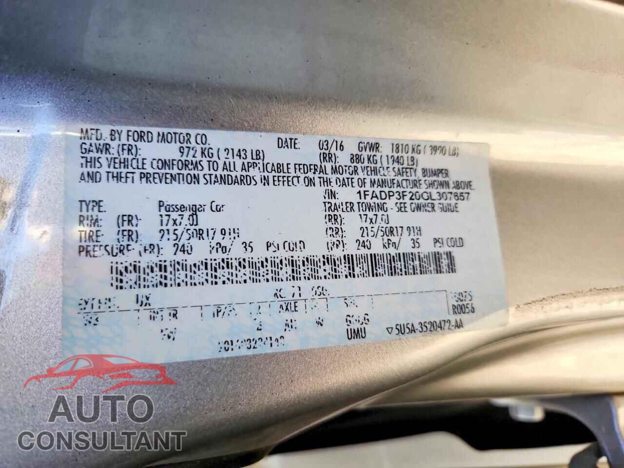 FORD FOCUS 2016 - 1FADP3F20GL307657