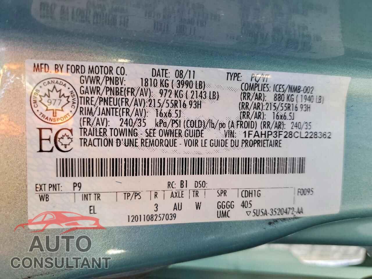 FORD FOCUS 2012 - 1FAHP3F28CL228362