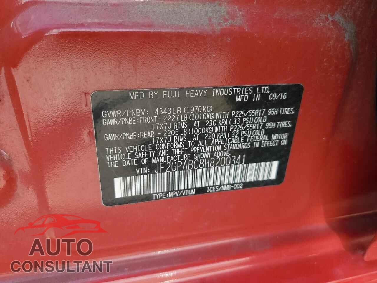 SUBARU CROSSTREK 2017 - JF2GPABC8H8200341
