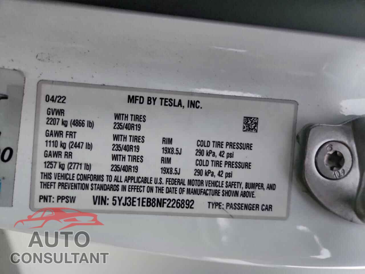 TESLA MODEL 3 2022 - 5YJ3E1EB8NF226892