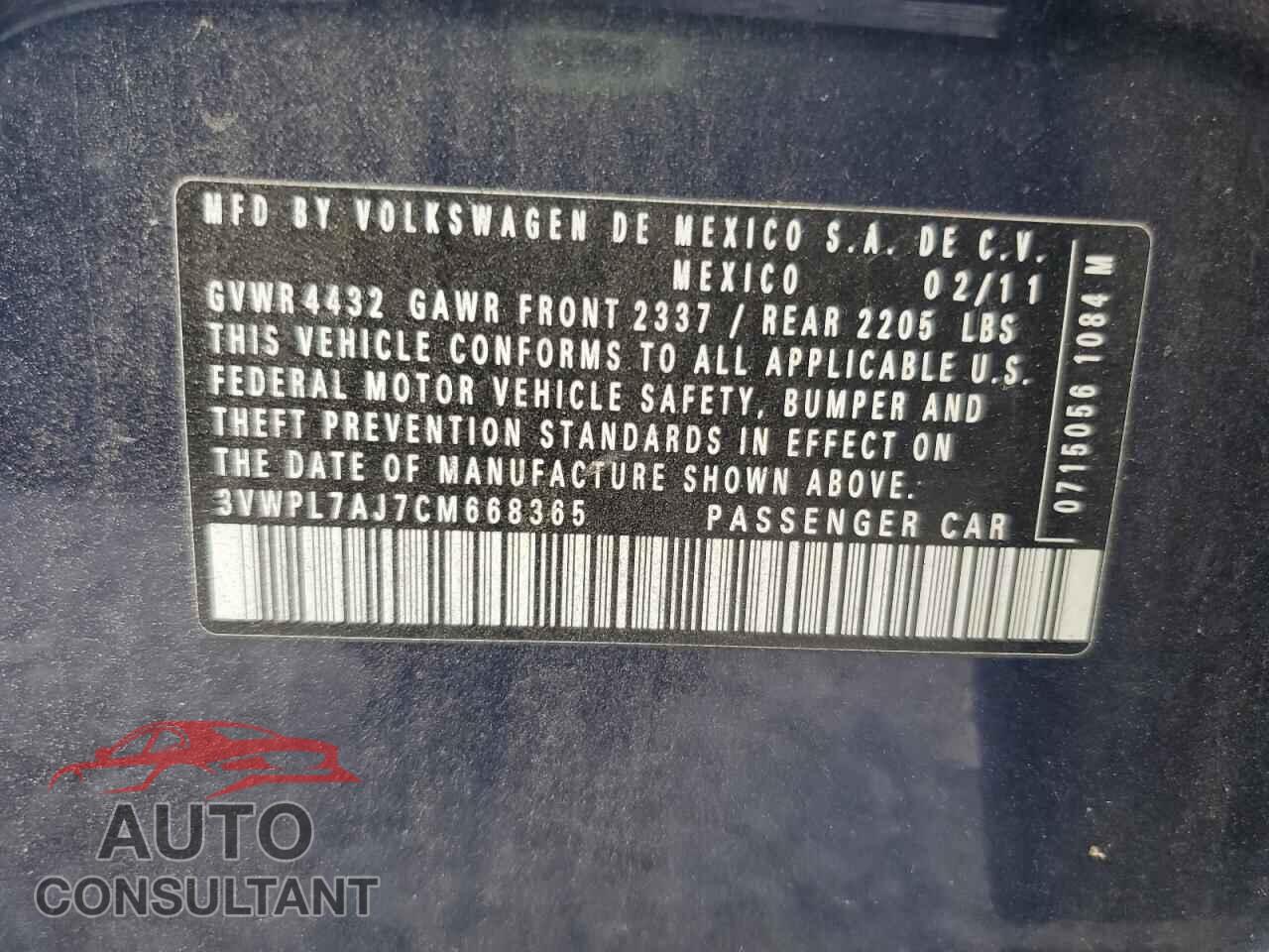 VOLKSWAGEN JETTA 2012 - 3VWPL7AJ7CM668365