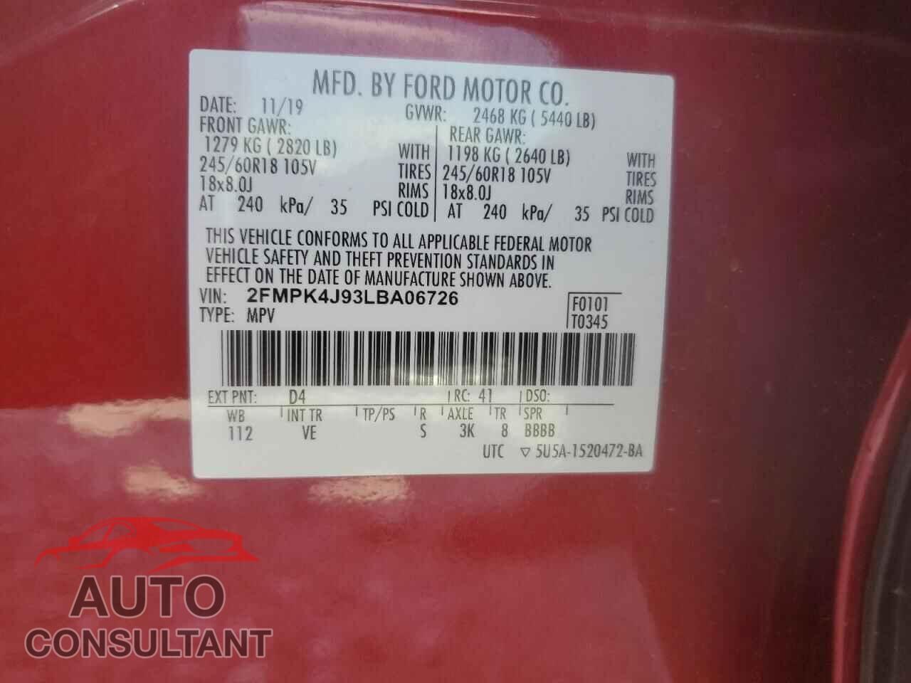 FORD EDGE 2020 - 2FMPK4J93LBA06726