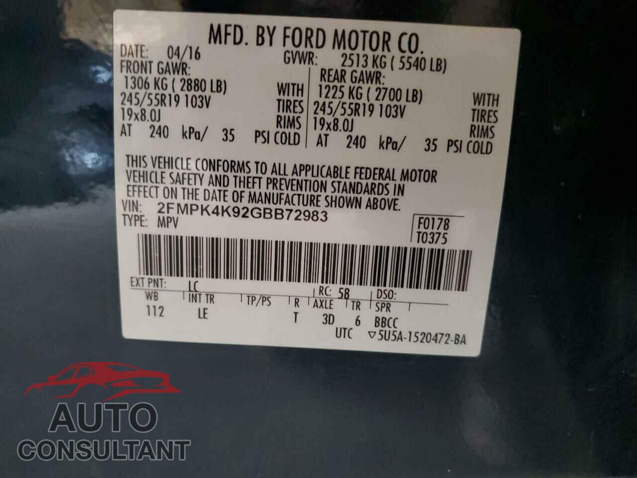 FORD EDGE 2016 - 2FMPK4K92GBB72983