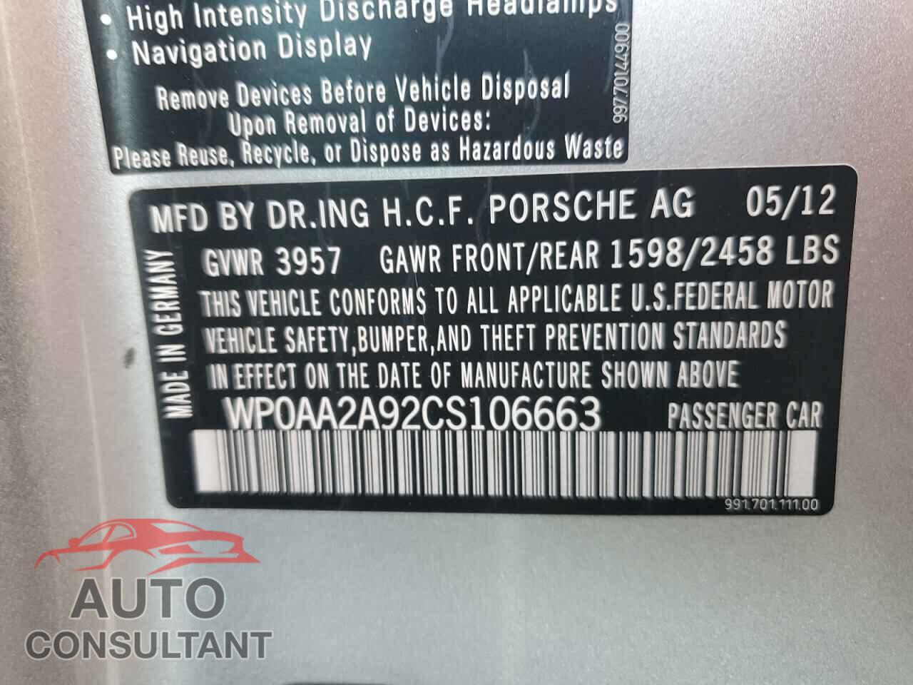 PORSCHE 911 2012 - WP0AA2A92CS106663