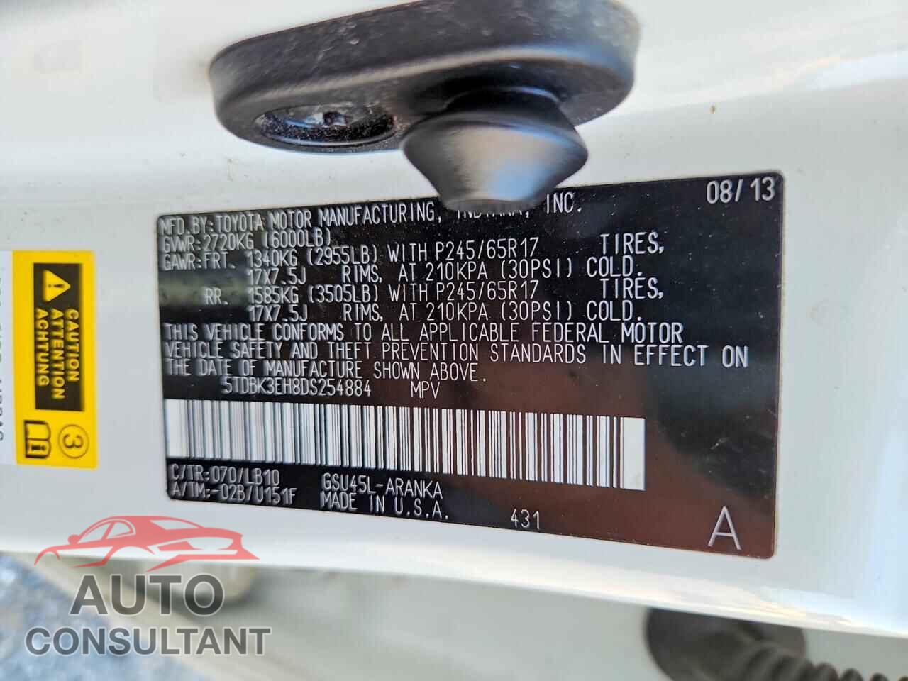 TOYOTA HIGHLANDER 2013 - 5TDBK3EH8DS254884