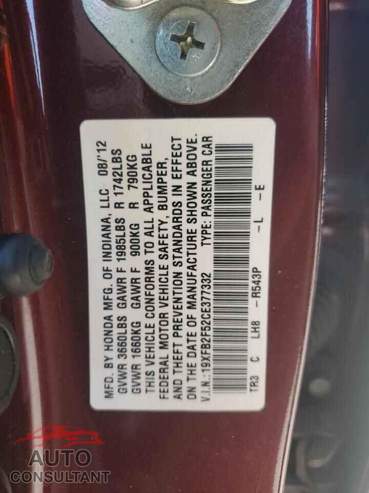 HONDA CIVIC 2012 - 19XFB2F52CE377332