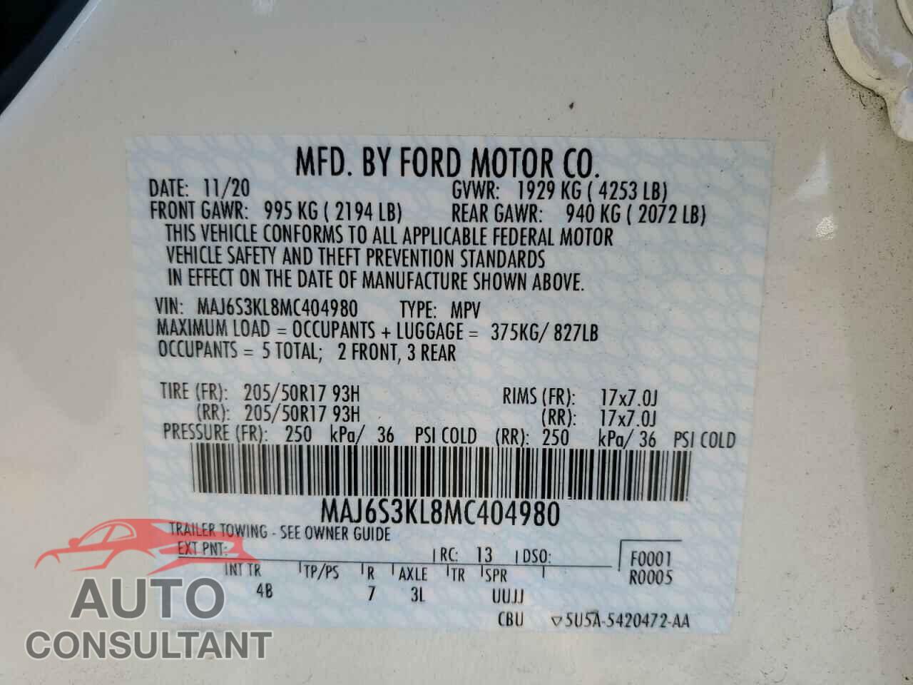 FORD ECOSPORT 2021 - MAJ6S3KL8MC404980