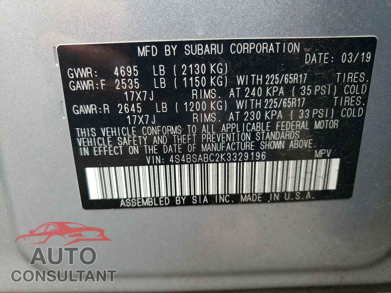 SUBARU OUTBACK 2019 - 4S4BSABC2K3329196