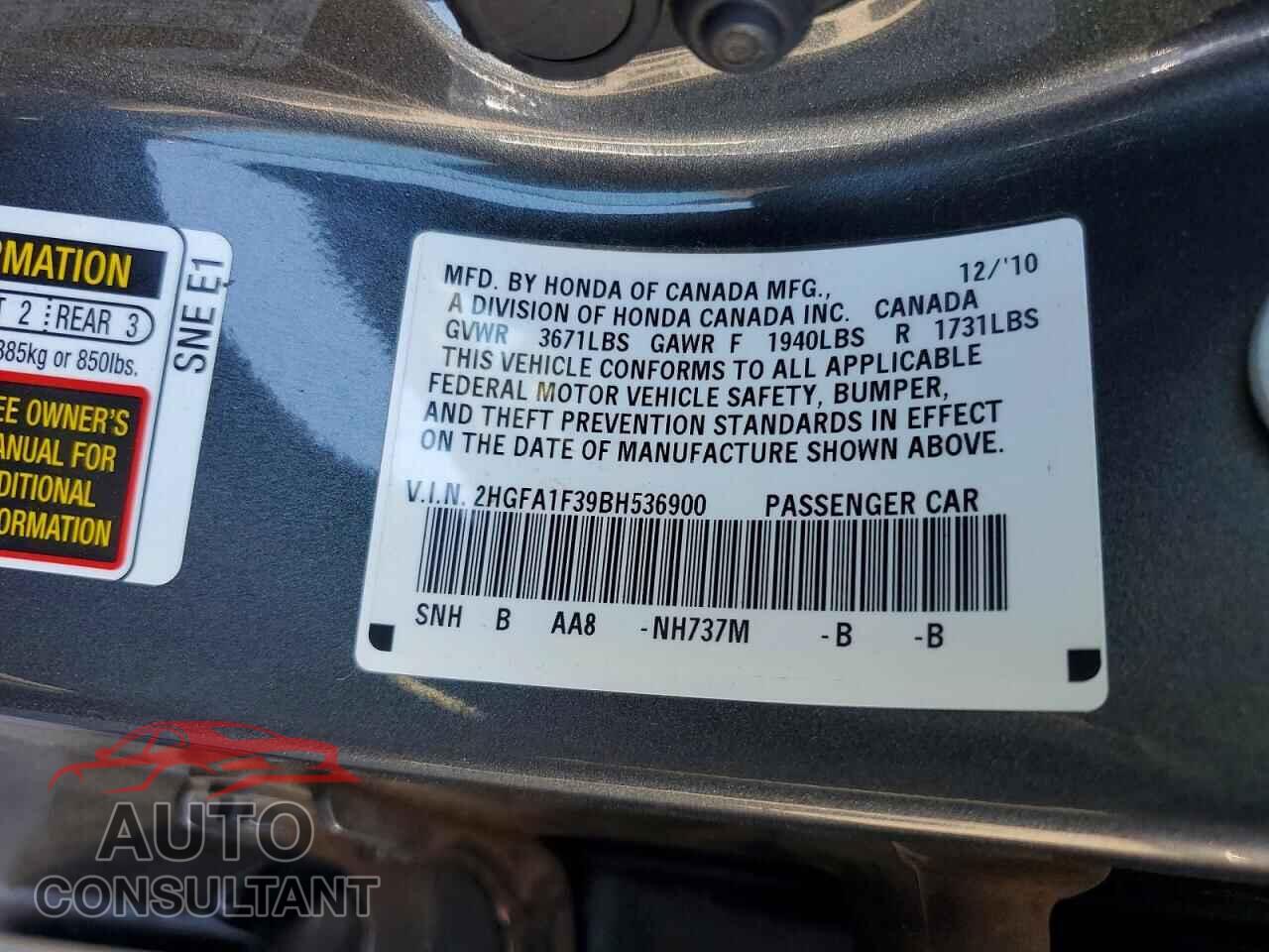 HONDA CIVIC 2011 - 2HGFA1F39BH536900