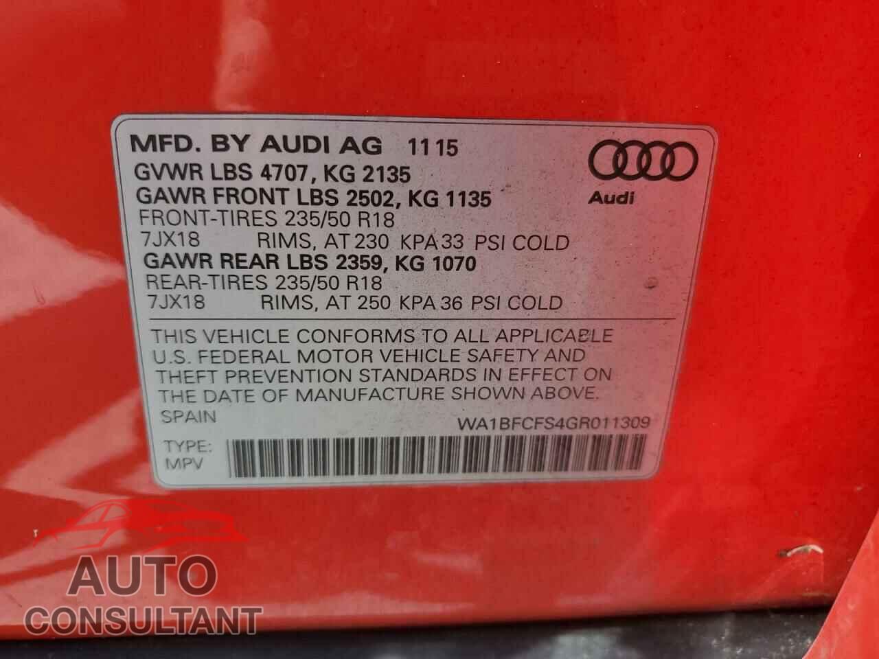 AUDI Q3 2016 - WA1BFCFS4GR011309