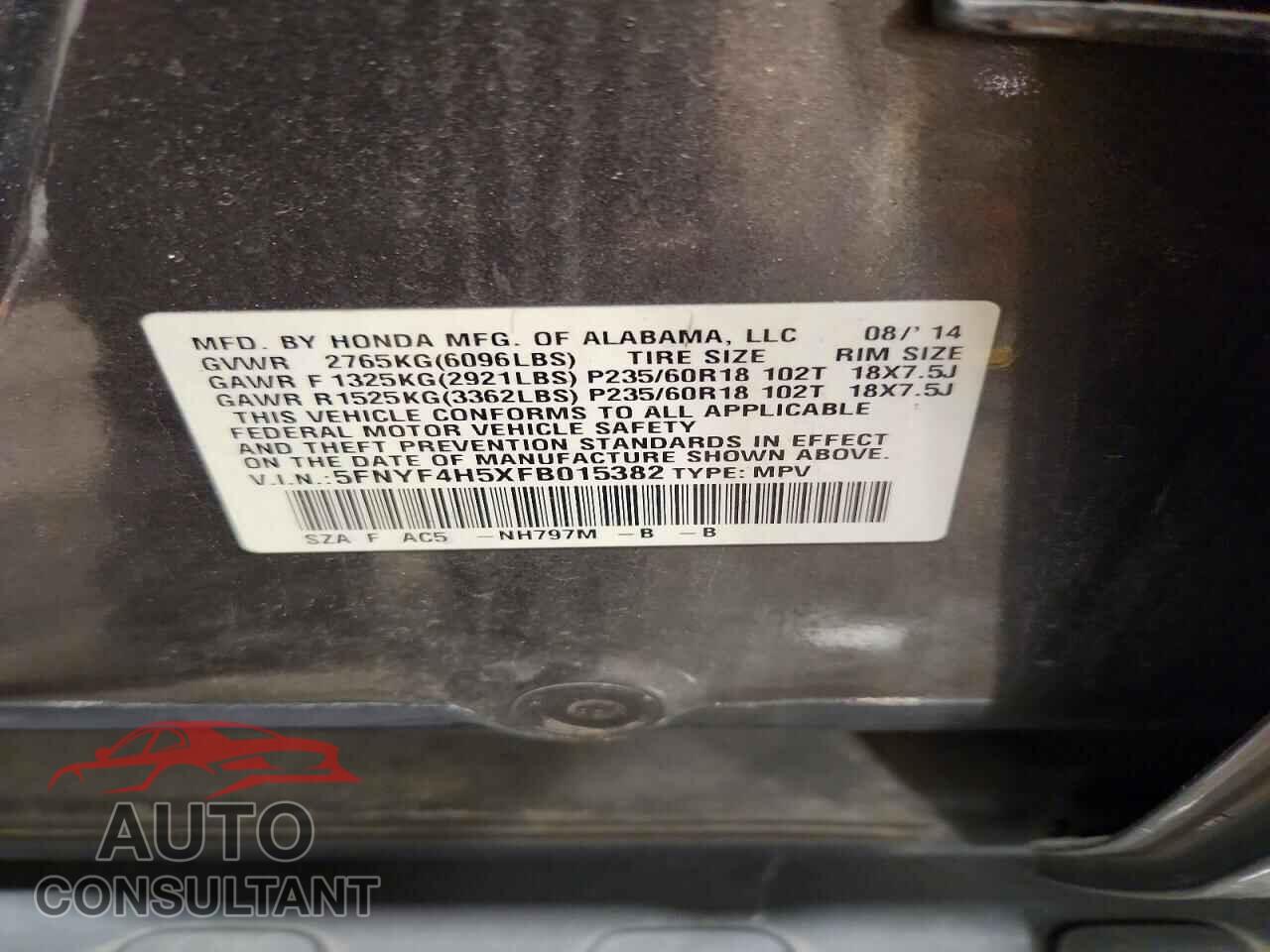 HONDA PILOT 2015 - 5FNYF4H5XFB015382