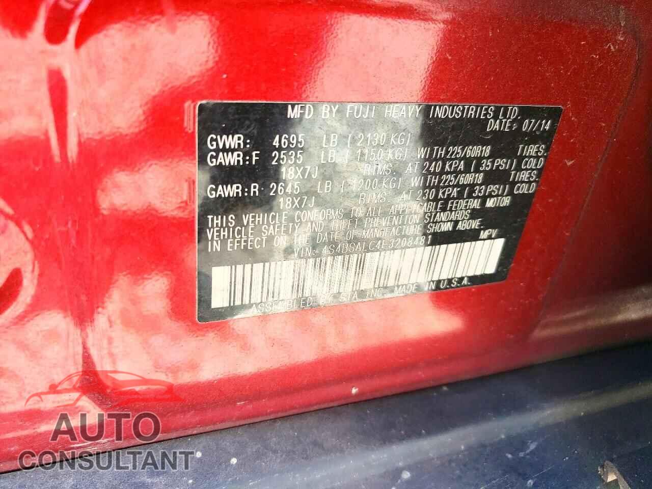 SUBARU OUTBACK 2015 - 4S4BSALC4F3208481
