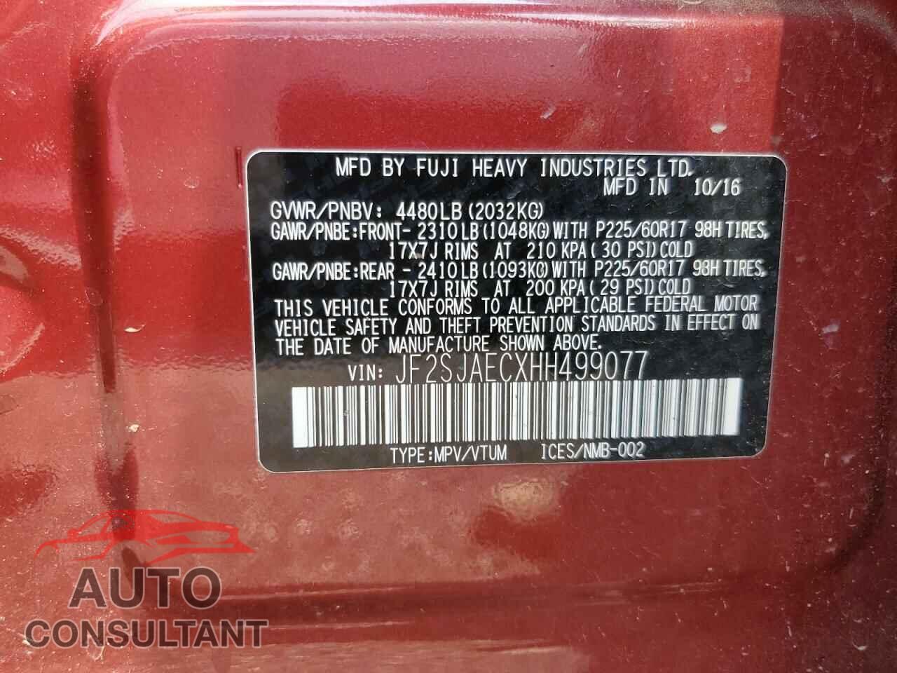 SUBARU FORESTER 2017 - JF2SJAECXHH499077