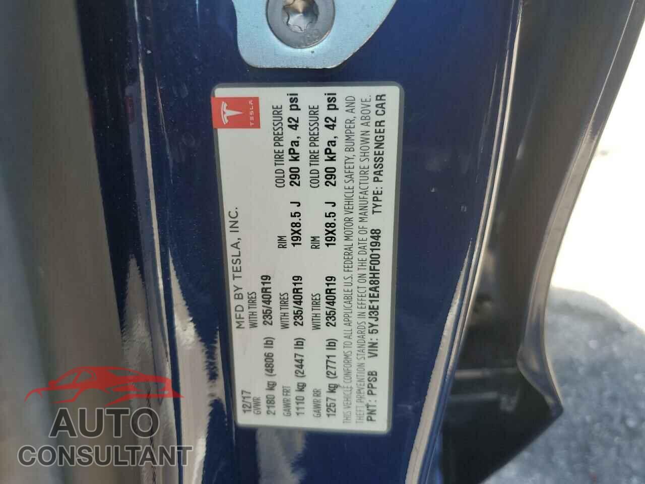 TESLA MODEL 3 2017 - 5YJ3E1EA8HF001948