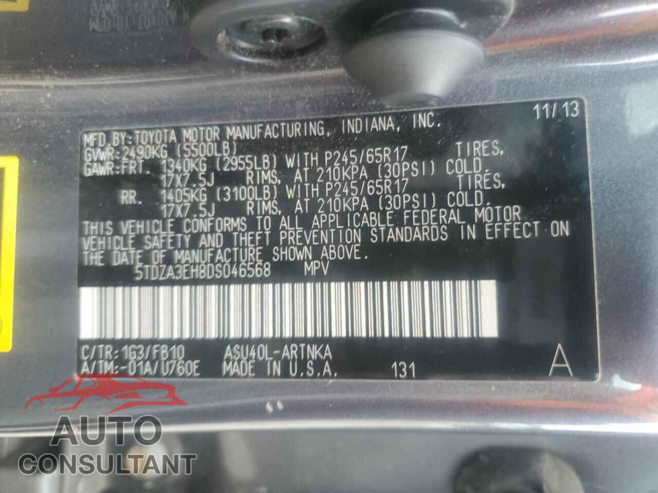 TOYOTA HIGHLANDER 2013 - 5TDZA3EH8DS046568