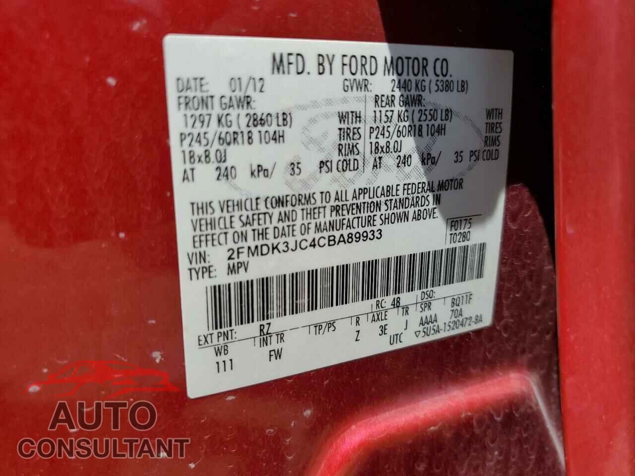 FORD EDGE 2012 - 2FMDK3JC4CBA89933