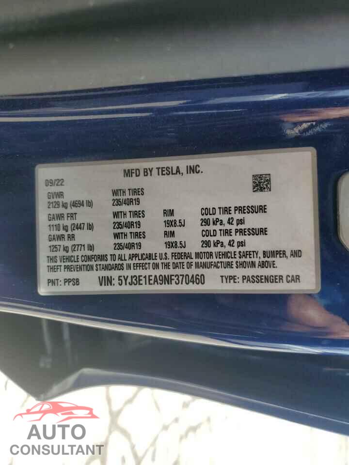 TESLA MODEL 3 2022 - 5YJ3E1EA9NF370460