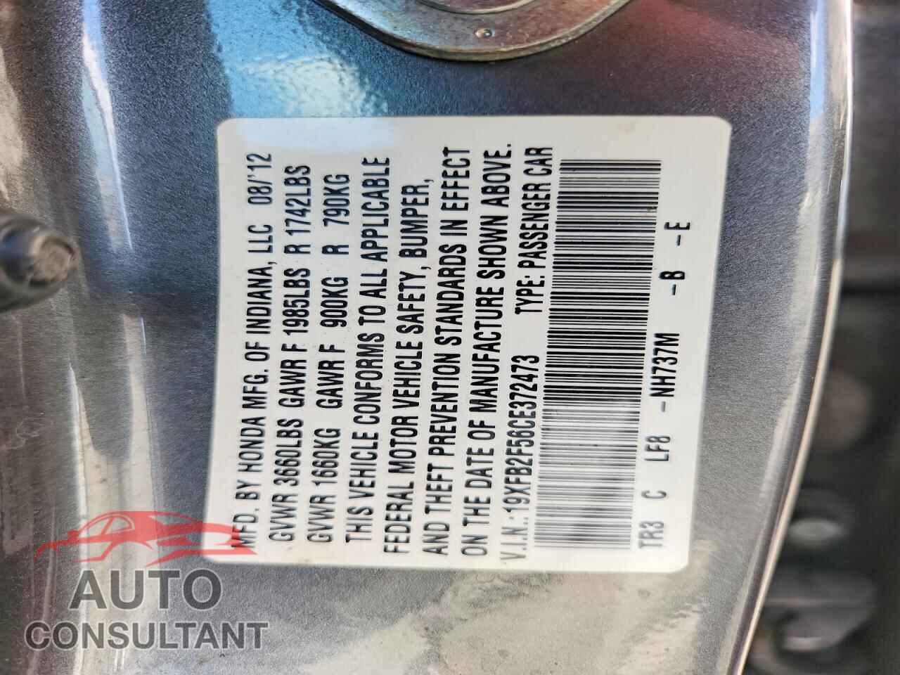 HONDA CIVIC 2012 - 19XFB2F56CE372473