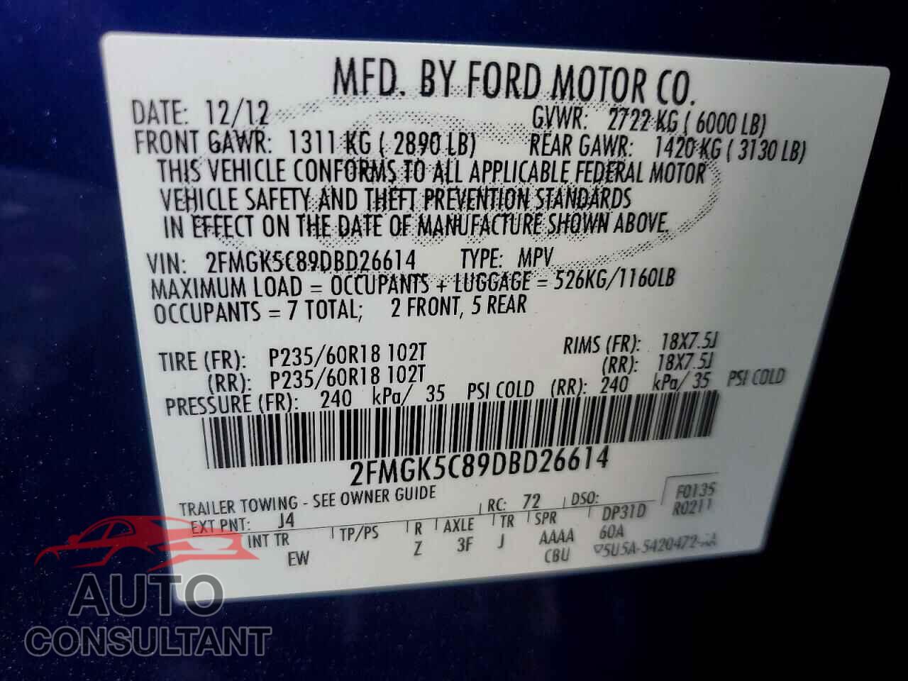 FORD FLEX 2013 - 2FMGK5C89DBD26614