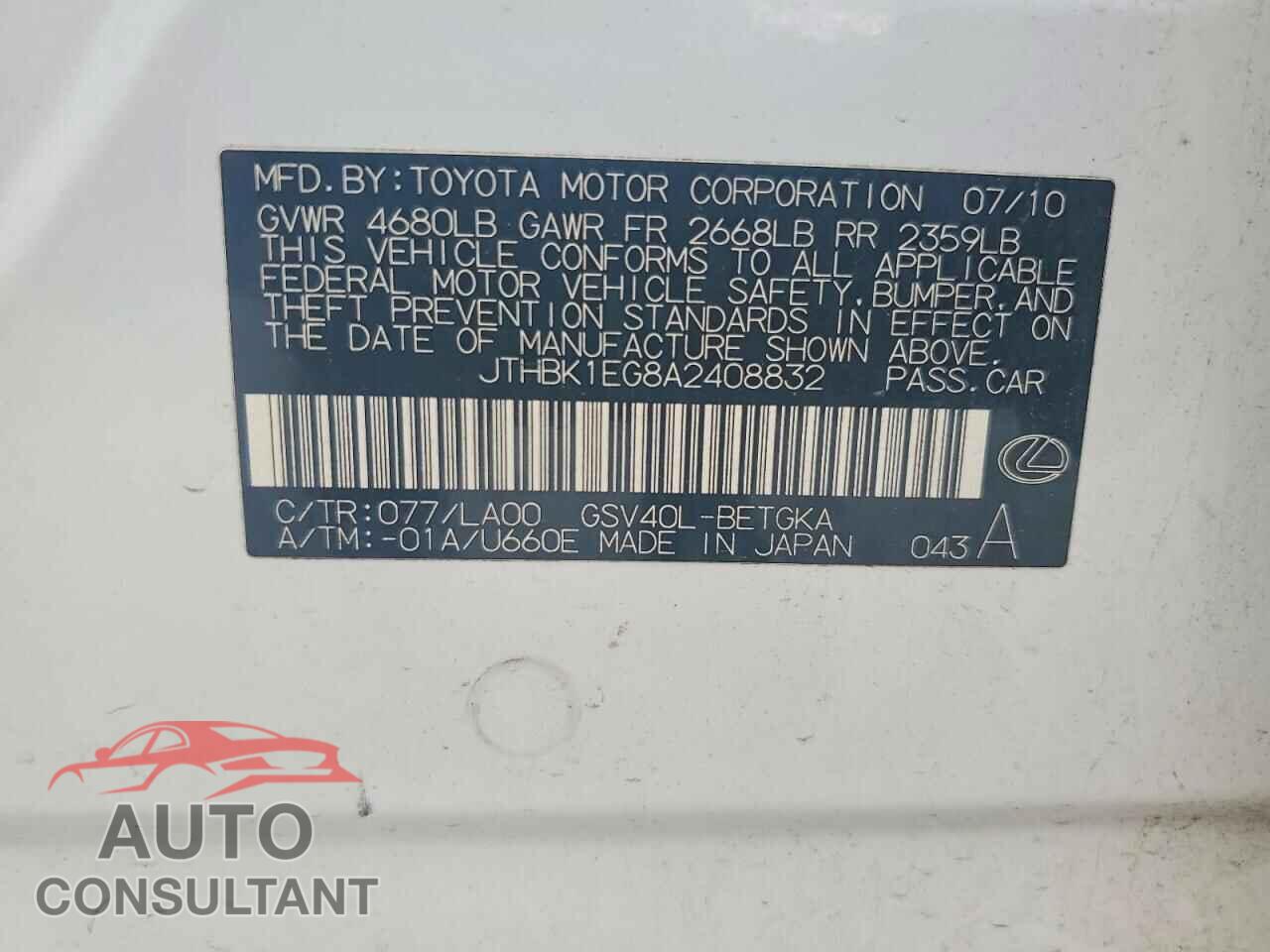 LEXUS ES350 2010 - JTHBK1EG8A2408832